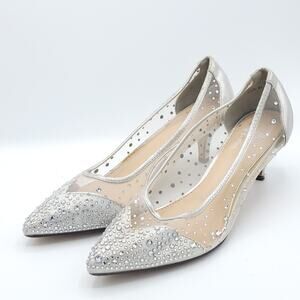Lady Couture Silk Silver Embellished Kitten Heels women's size 10